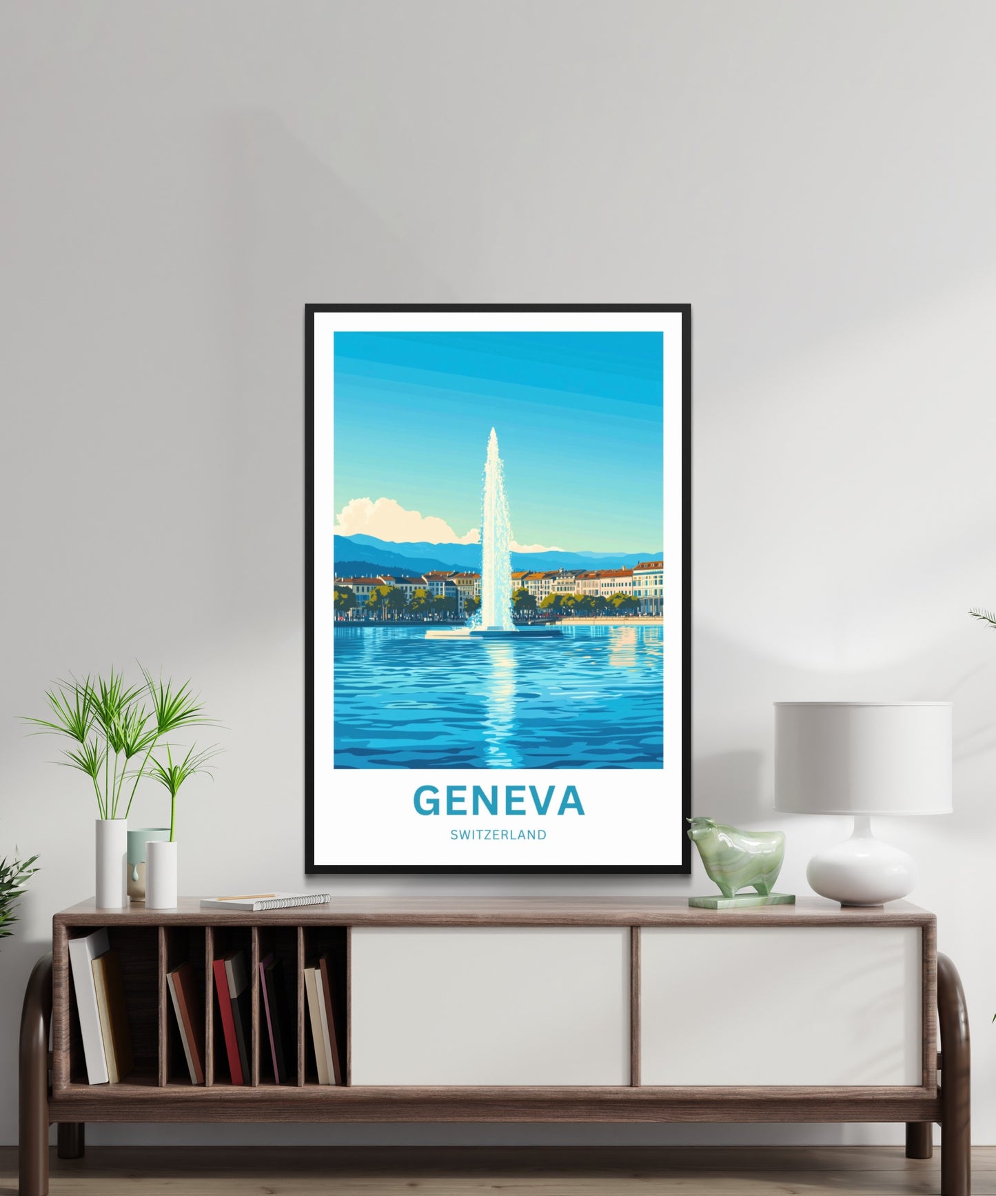 Geneva Travel Poster - Lake and Sky featuring Jet d'Eau rises