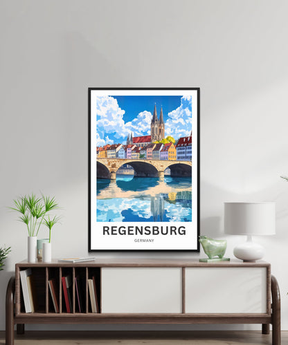 Regensburg Travel Poster -  Iconic River Bridge in Germany