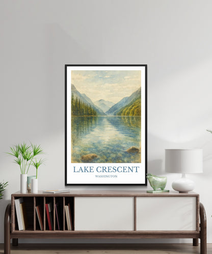 Lake Crescent, Watercolor design poster, Washington Print, Lake Crescent Wall Art