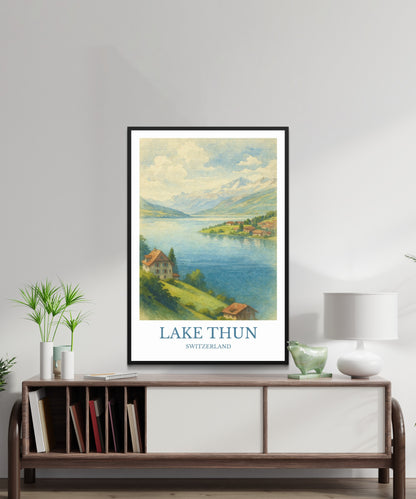 Lake Thun, Watercolor design poster, Switzerland Print, Lake Thun Wall Art