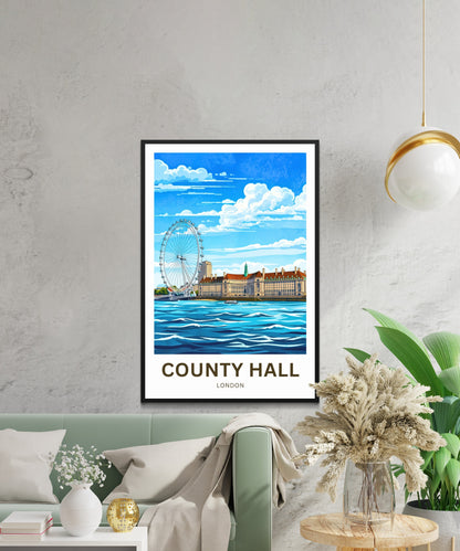 County Hall and the iconic London Eye Travel Poster - Riverside