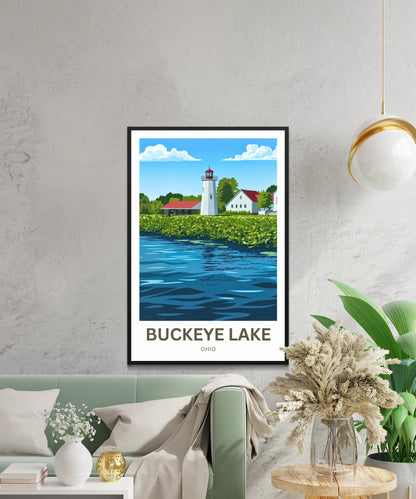 Buckeye Lake Travel Poster -  Iconic Lighthouse on the Lake