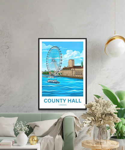 County Hall and London Eye Travel Poster - Waterfront