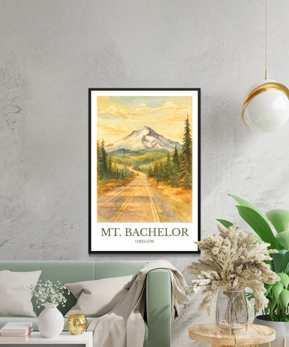 Mount Bachelor, Watercolor design poster, Oregon Print, Mount Bachelor Wall Art