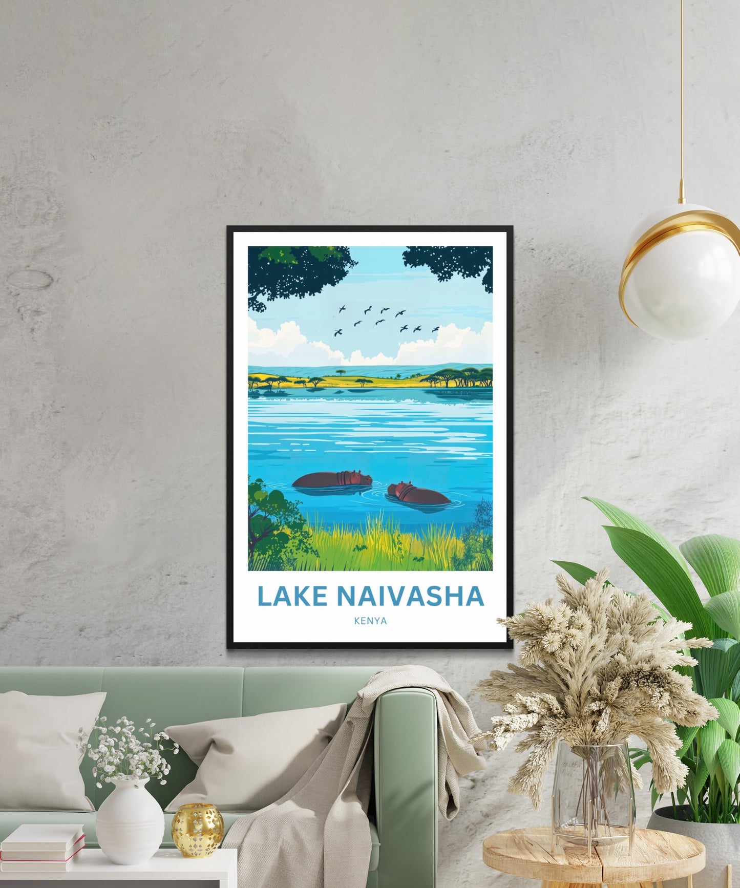 Lake Naivasha Travel Poster - Kenya Charming Lake with Birds and Hippos