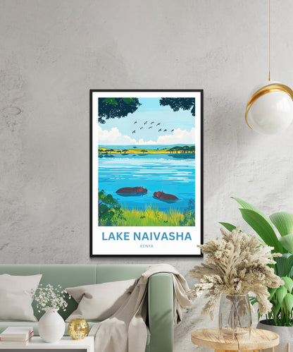 Lake Naivasha Travel Poster - Kenya Charming Lake with Birds and Hippos