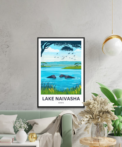 Lake Naivasha Travel Poster - Captivating Lake and Hippos