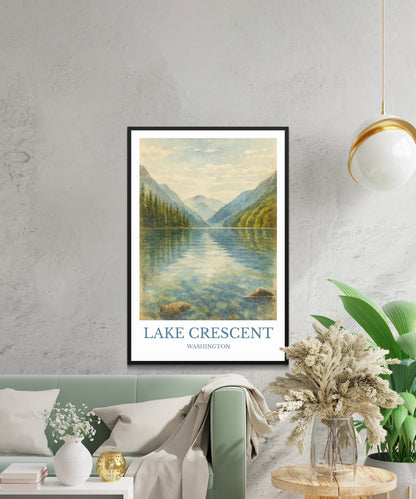 Lake Crescent, Watercolor design poster, Washington Print, Lake Crescent Wall Art
