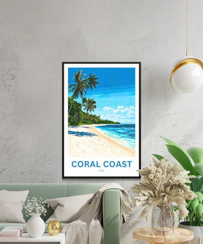 Coral Coast, Fiji Travel Poster - Stunning view of Island Palm Trees Scene