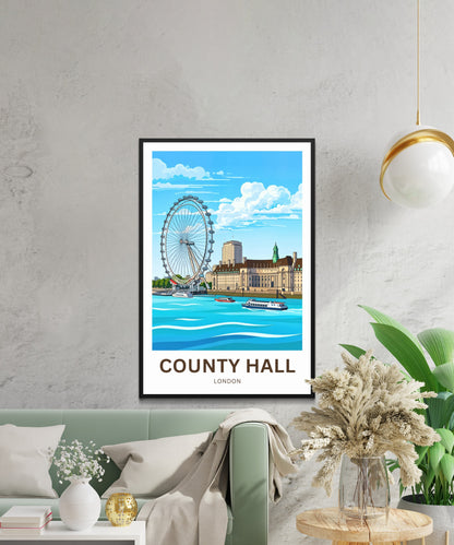 County Hall and the iconic London Eye Travel Poster