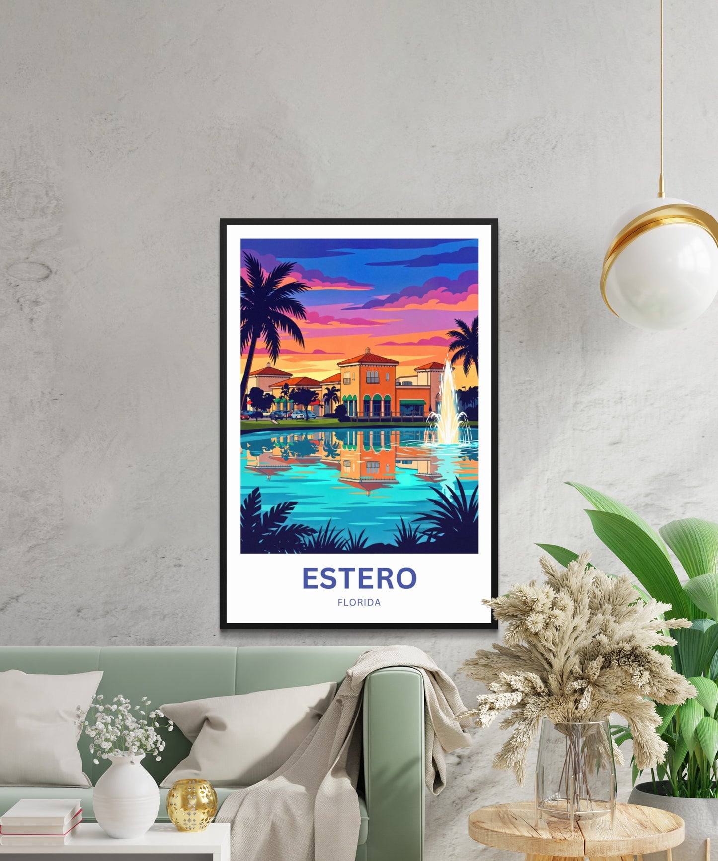 Estero Travel Poster - Palm Silhouette Evening