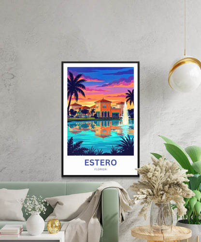 Estero Travel Poster - Palm Silhouette Evening