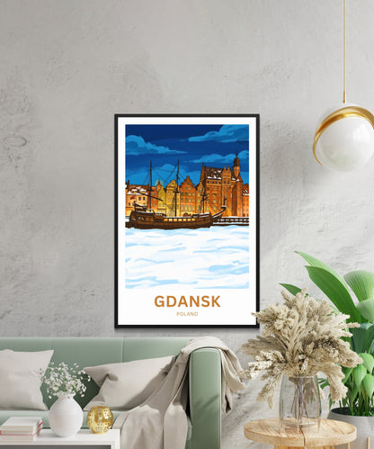 Gdańsk  Travel Poster - Twilight Over The Frozen Old Port