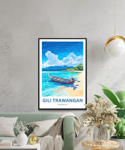 Gili Trawangan Travel Poster- Indonesia  White Sands Shore and  Blue Horizons