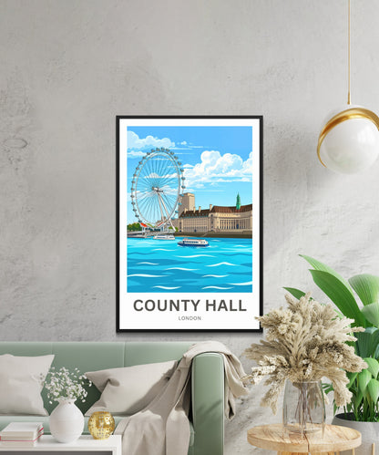 County Hall and London Eye Travel Poster- City by the Thames