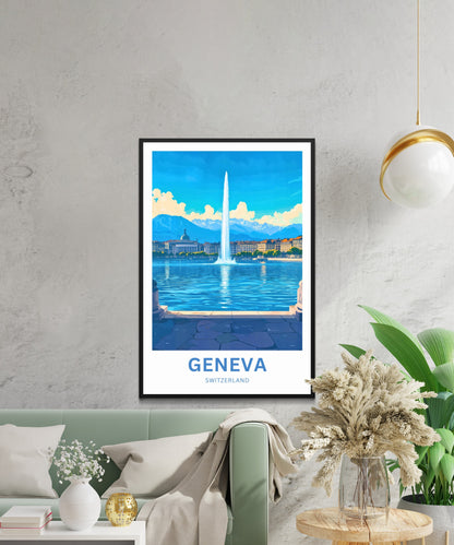 Geneva Travel Poster - Soaring Waters of Switzerland