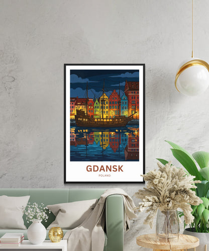 Gdańsk  Travel Poster - Harbor lights at midnight