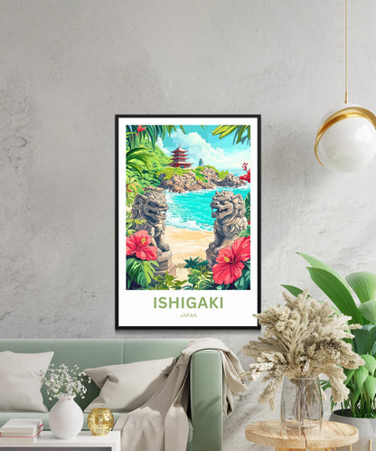 Ishigaki Travel Poster - Twin Shisa by the Sea