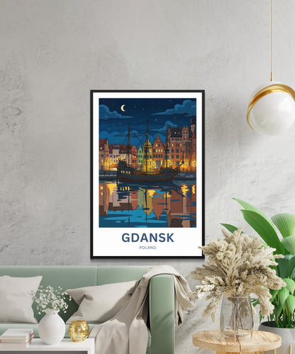 Gdańsk  Travel Poster - Nightlights on The Water