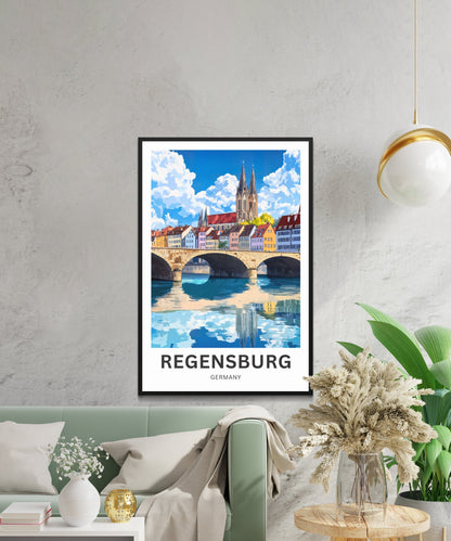 Regensburg Travel Poster -  Iconic River Bridge in Germany