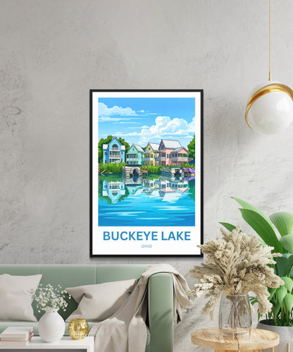 Buckeye Lake Travel Poster -  Colorful House in the Lake