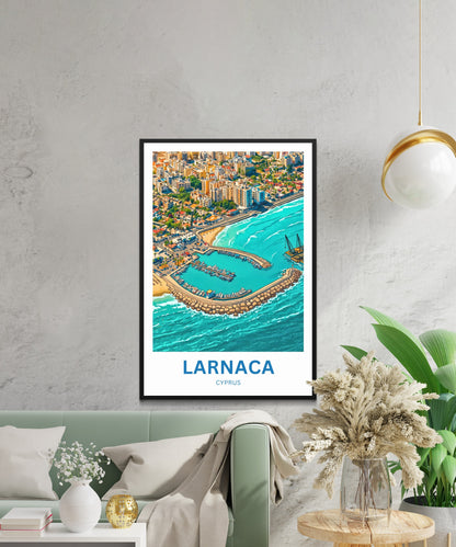 Larnaca Travel Poster - Island Seaside Aerial View