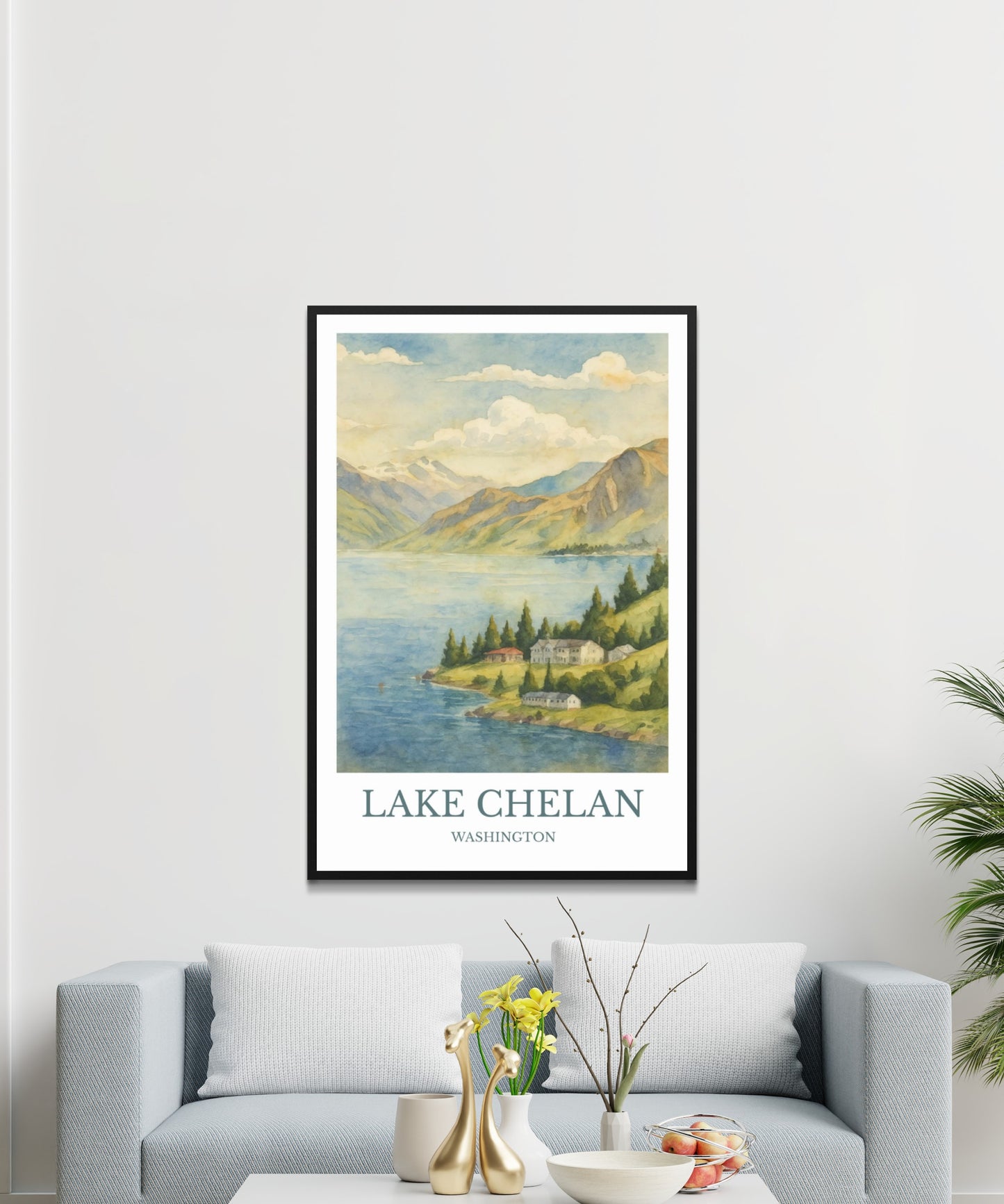 Lake Chelan, Watercolor design poster, Washington Print, Lake Chelan Wall Art