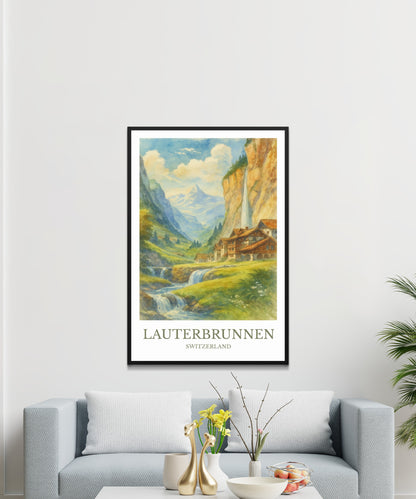 Lauterbrunnen, Watercolor design poster, Switzerland Print, Lauterbrunnen Wall Art