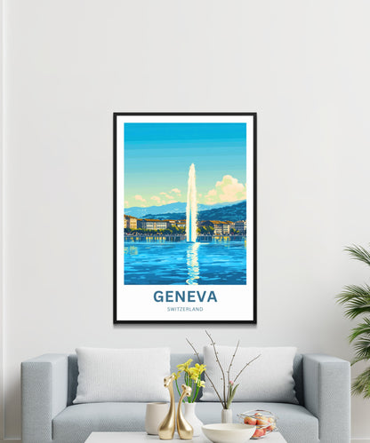 Geneva Travel Poster - Jet d'Eau rises