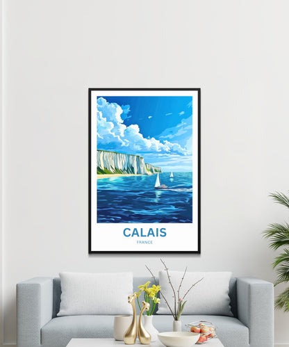 Calais Travel Poster - Captivating White Cliffs and boats