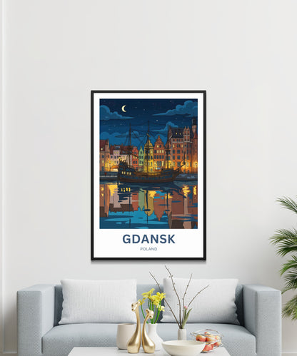 Gdańsk  Travel Poster - Nightlights on The Water