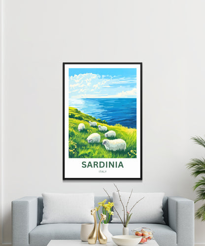 Sardinia Travel Poster - Sardinian Hill and sheeps