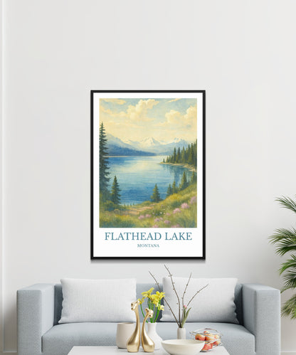 Flathead Lake, Watercolor design poster, Montana Print, Flathead Lake Wall Art