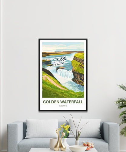 Golden Waterfall Travel Poster - Captivating Iconic Falls of Iceland
