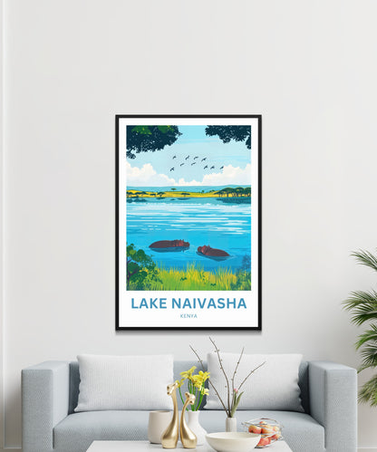 Lake Naivasha Travel Poster - Kenya Charming Lake with Birds and Hippos