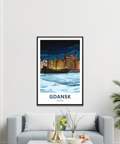 Gdańsk  Travel Poster - Midnight on the Motława