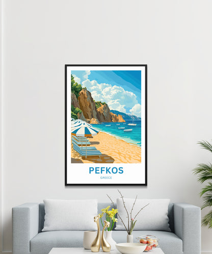 Pefkos Travel Poster - Beautiful Beach and Golden Sand