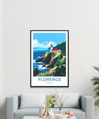 Florence Oregon Travel Poster - Captivating View of Heceta Head Lighthouse
