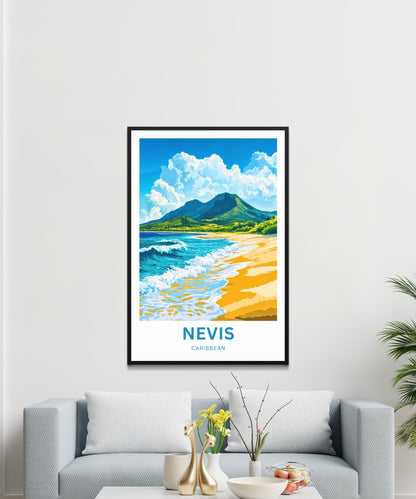 Nevis Travel Poster - Breathtaking Beach View in Caribbean Island