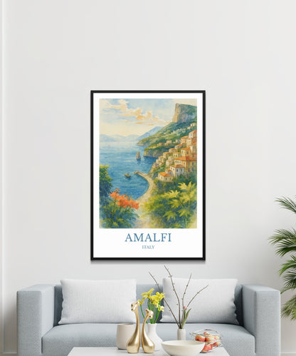 Amalfi, Watercolor design poster,  Italy Print, Amalfi Wall Art