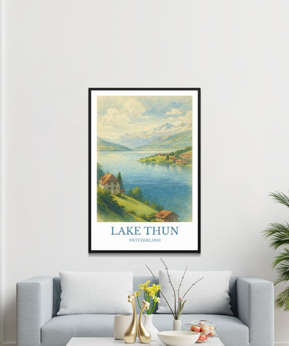 Lake Thun, Watercolor design poster, Switzerland Print, Lake Thun Wall Art