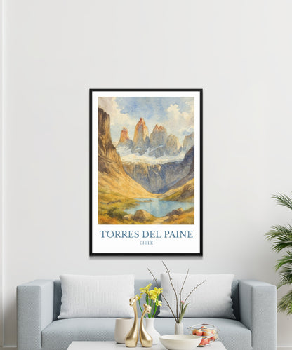 Torres del Paine, Watercolor design poster, Chile Print, Torres del Paine Wall Art