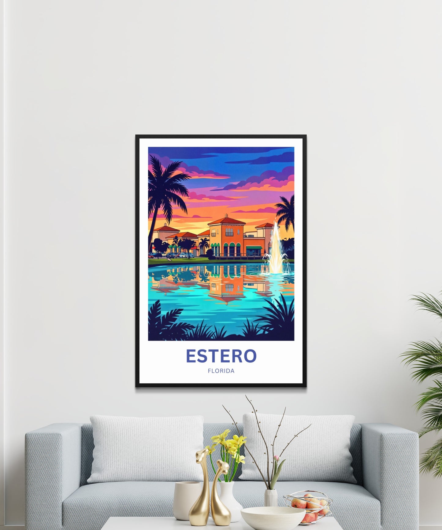 Estero Travel Poster - Palm Silhouette Evening