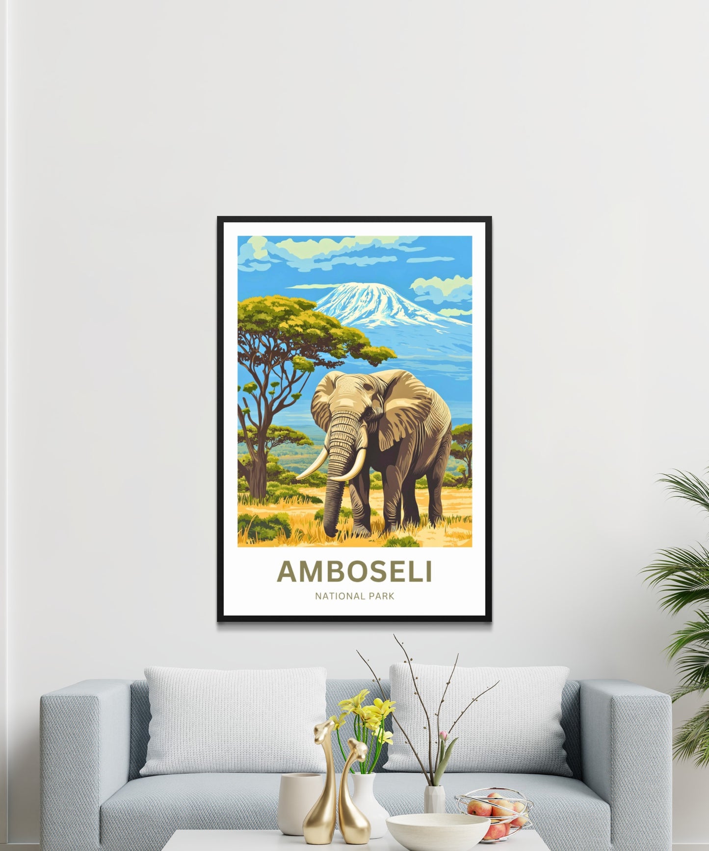 Amboseli National Park Travel Poster  - Charming Elephant and Breathtaking view of Kilimanjaro