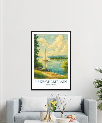Lake Champlain, Watercolor design poster, North America Print, Lake Champlain Wall Art