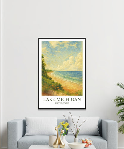 Lake Michigan, Watercolor design poster, North America’s Great Lakes Print, Lake Michigan Wall Art
