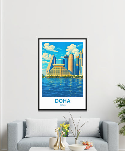 Doha Qatar Travel Poster - Iconic Sheraton Grand Doha and Skyscrapers