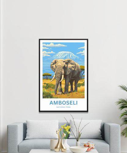 Amboseli National Park Travel Poster  - Giant Beneath the White Summit