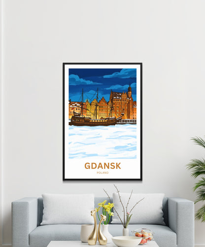 Gdańsk  Travel Poster - Twilight Over The Frozen Old Port