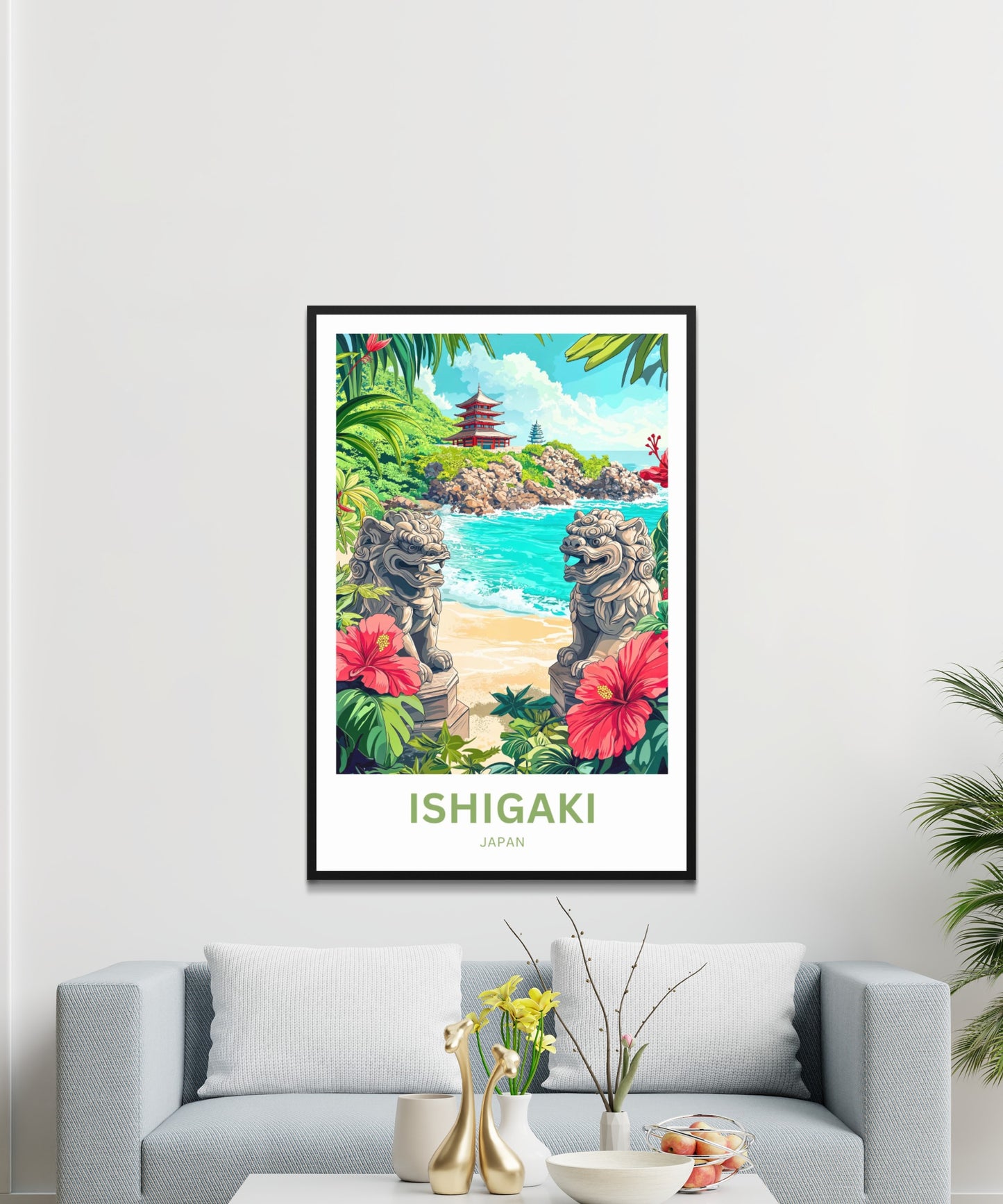 Ishigaki Travel Poster - Twin Shisa by the Sea